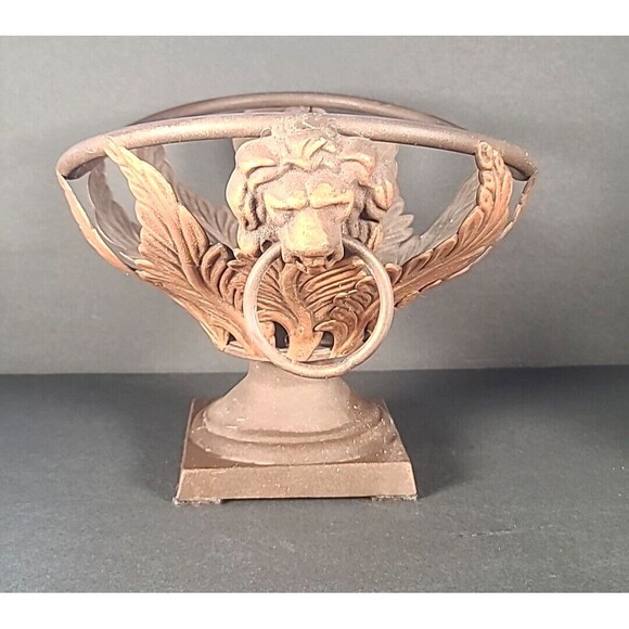 Wrought Iron Metal Basket With Lion Head Handles Pedestal Base Victorian Garden - Picture 5 of 11